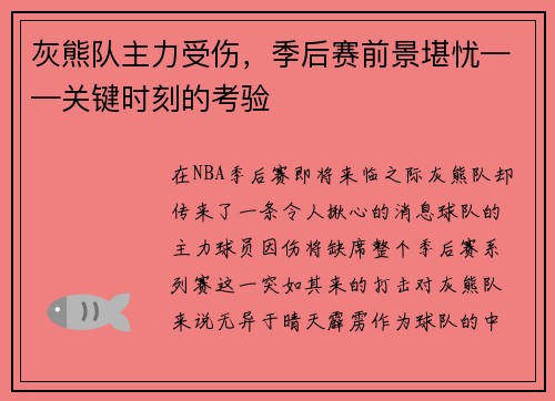 灰熊队主力受伤，季后赛前景堪忧——关键时刻的考验